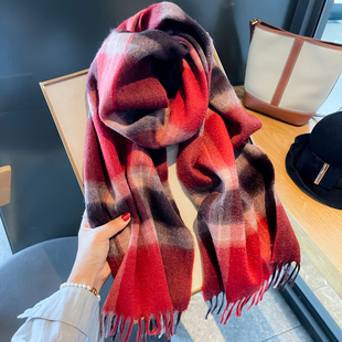 经典100%澳洲羊毛格子围巾情侣款冬季保暖围脖高级感复古新年红格