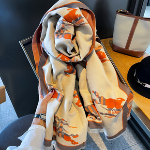 经典骑士战马英伦风围巾女秋冬仿羊绒围脖保暖厚实百搭两用大披肩