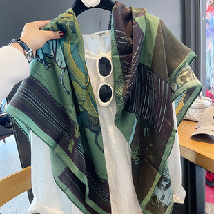 复古绿骑士马双面异色含丝毛方巾女春夏新款防晒披肩空调巾丝巾