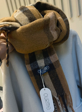 美拉德风复古卡其咖格纹含羊毛围巾女冬季保暖流苏披肩情侣围脖潮