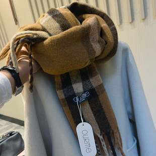 美拉德风复古卡其咖格纹含羊毛围巾女冬季保暖流苏披肩情侣围脖潮
