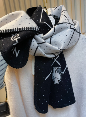 含20绵羊毛高级小香风双面菱格萌兔仿羊绒围巾女秋冬保暖披肩围脖