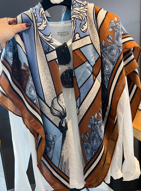 老钱风复古棕蓝撞色云澜130方巾女丝毛混纺防晒空调披肩旅游穿搭