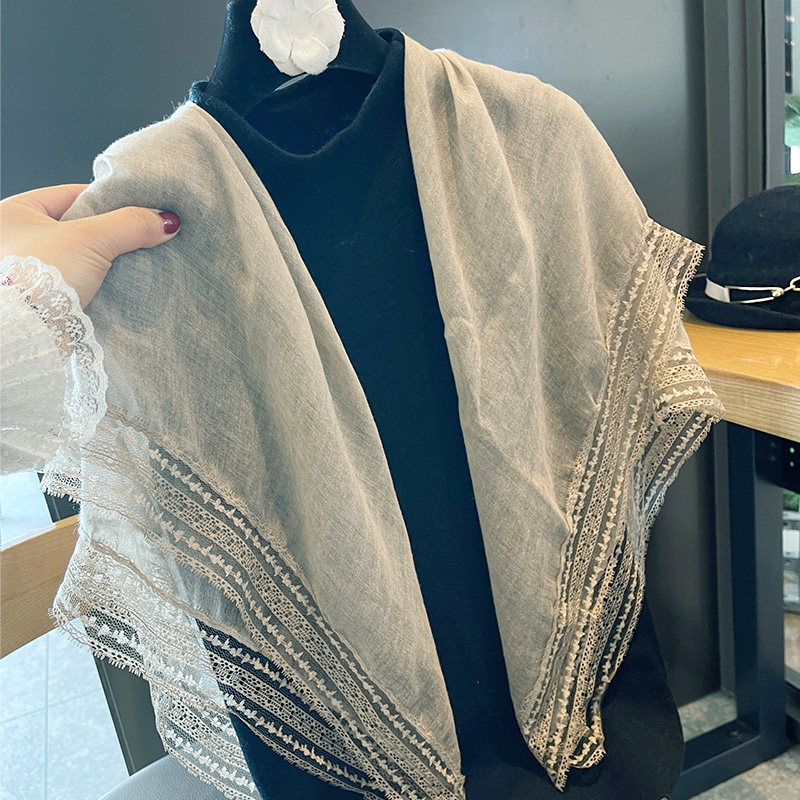 亚麻色蕾丝棉麻薄款围巾女夏季外搭披肩春秋洋气时尚高档丝巾纱巾