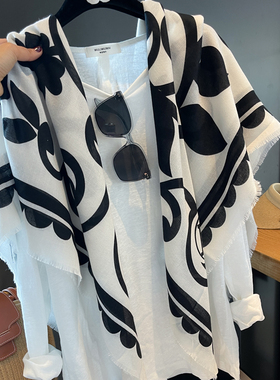 黑白花朵130大方巾春夏季女薄亚麻气质围巾出游拍照外搭高端披肩