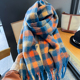 小众设计师款 撞色蓝橘小方格子围巾女软糯马海毛保暖情侣围脖 韩版