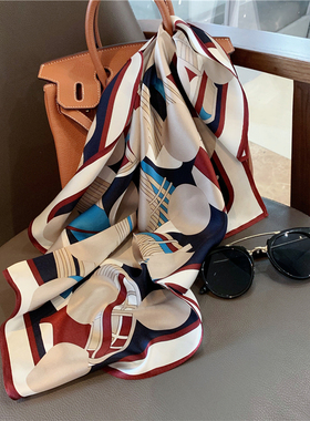 洋气几何圈圈设计感素绉缎真丝小方巾桑蚕丝女士围巾丝巾小领巾