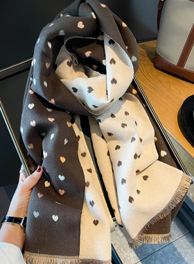 2024秋冬仿羊绒围巾女双面拼色彩色刺绣爱心披肩围脖加厚保暖百搭