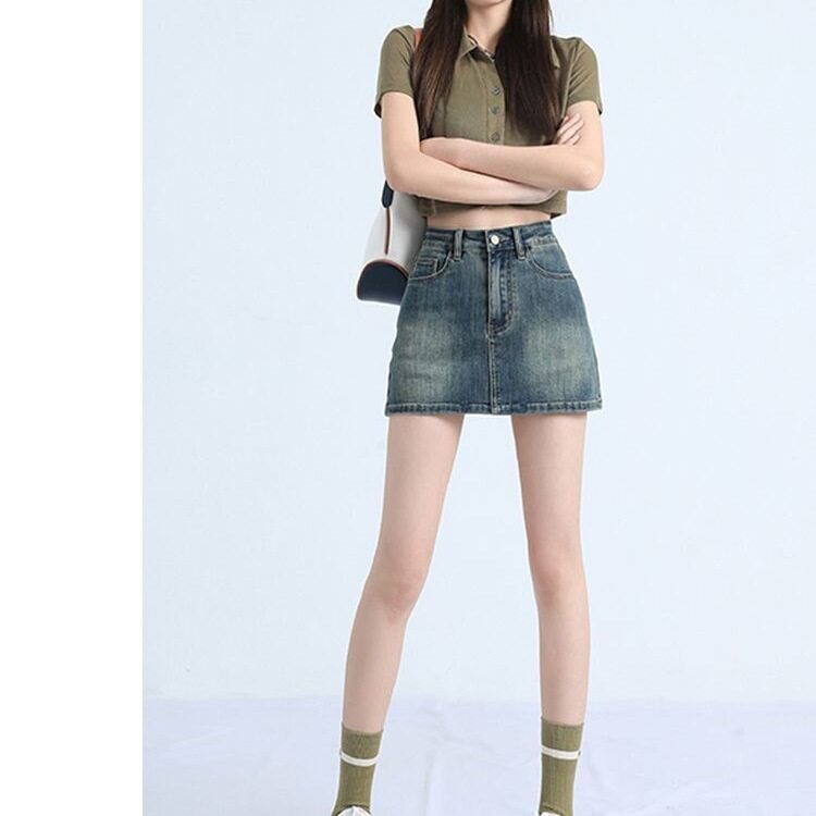 复古辣妹牛仔短裙女2026春夏小个子高腰显瘦防走光a字包臀半身裙