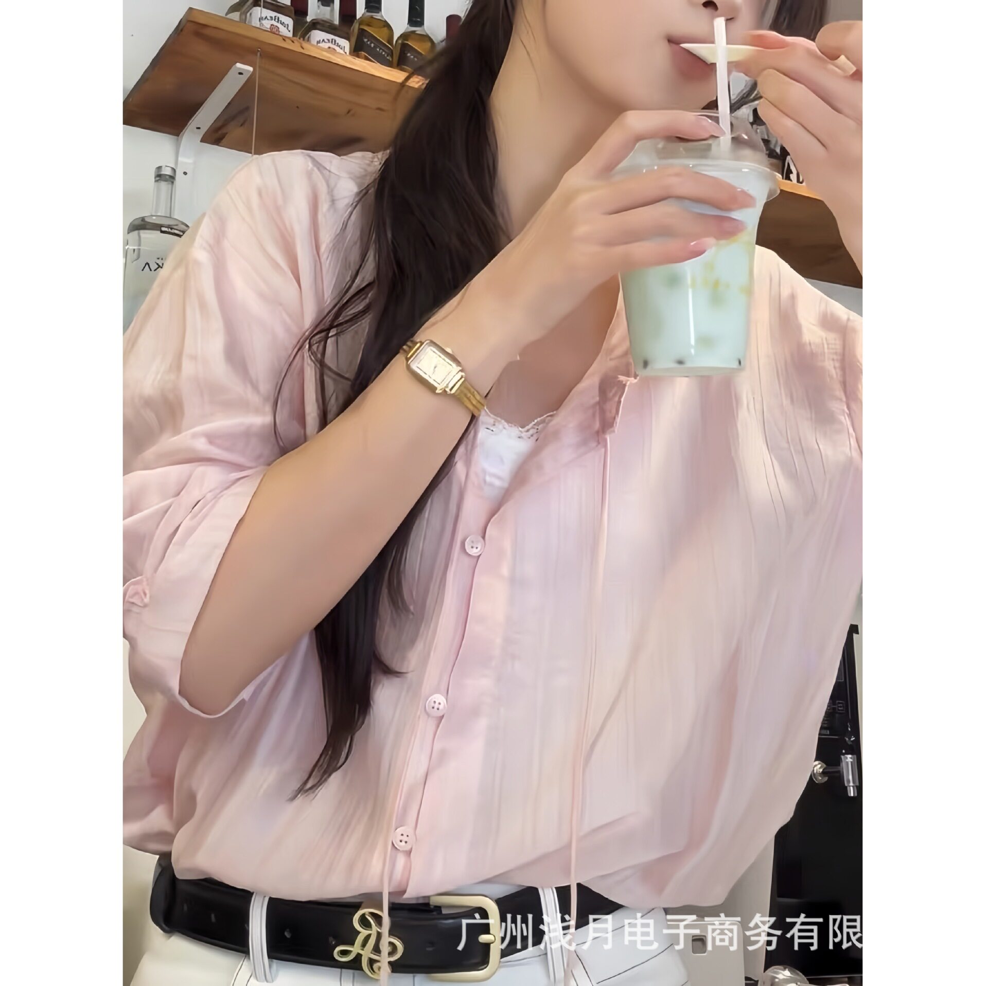 夏上新!温柔慵懒风粉色条纹v领衬衫外套女夏外搭木耳边防晒罩衫