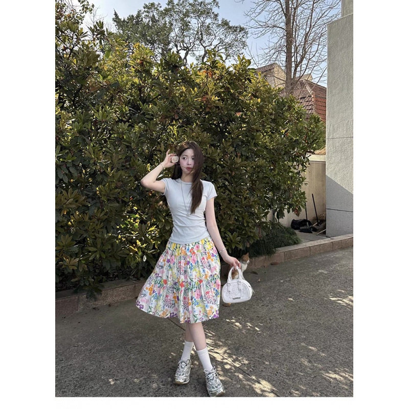 彩色缤纷花卉黄色碎花宽松半身裙女夏季中长款裙子