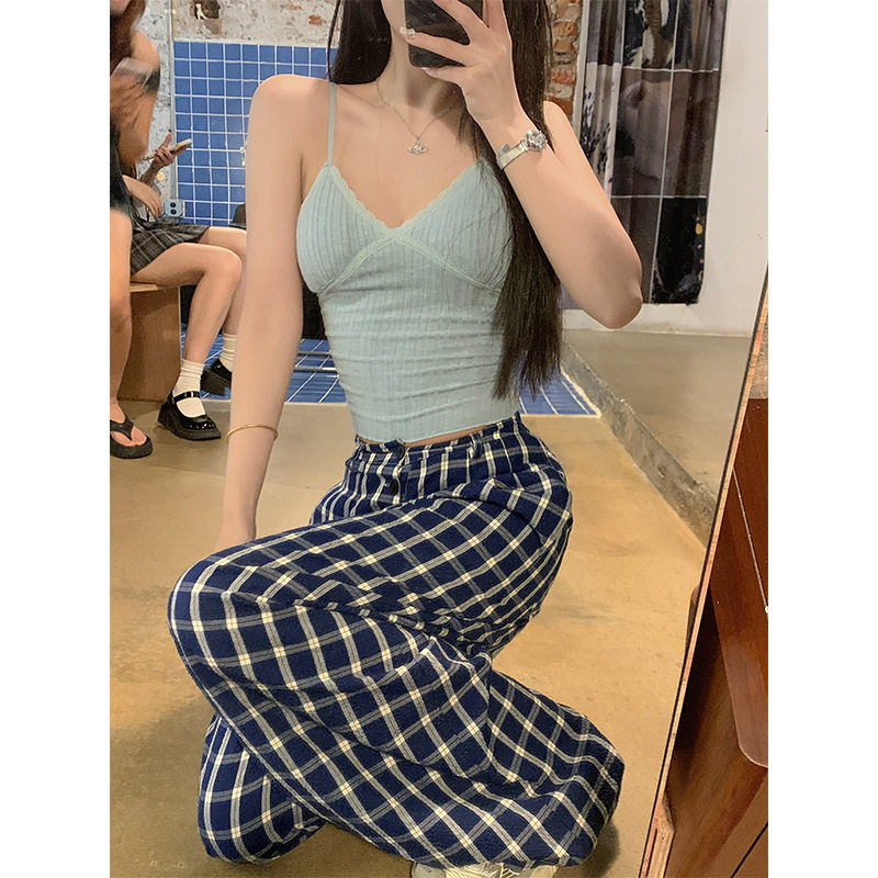 藏蓝色垂感慵懒风格子阔腿裤女夏季宽松薄款休闲裤