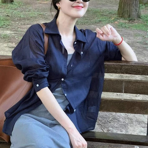 蓝色天丝长袖防晒衬衫女春夏高JI感气质外搭开衫衬衣外套宽松上衣