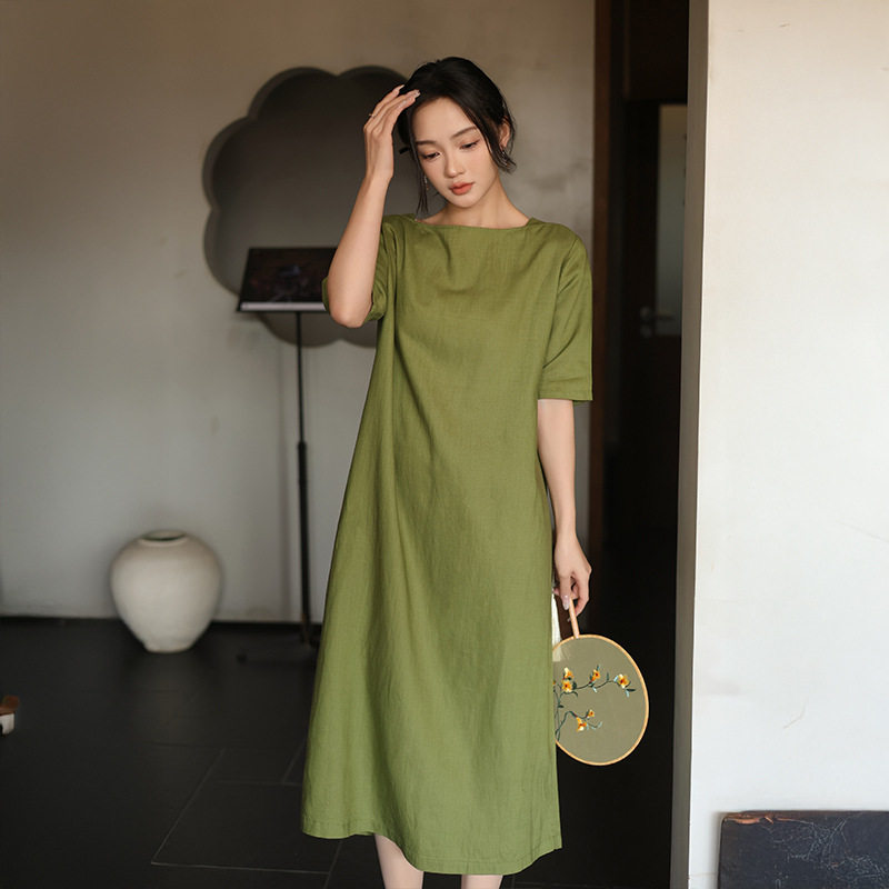 鹿与安笛夏季新款亚麻短袖连衣裙高级感气质掐腰显瘦日系a字长裙