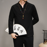 8602-P45春秋男士风棉麻长袖t恤上衣唐装宽松V领汉服复古中式，男装T恤，钱塘715