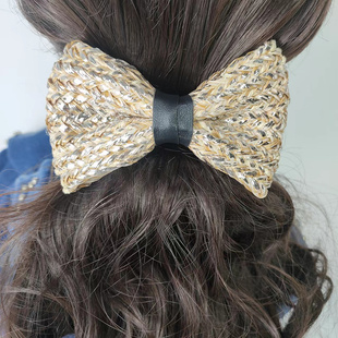 出口原单 拉菲草烫金烫银大蝴蝶束环真皮羊皮弹簧夹公主夹发夹