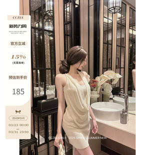 高腰连衣裙女夏 天丝荡领烫钻设计感挂脖无袖 cczee 雾纱之梦