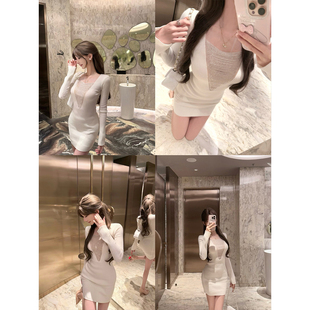 连衣裙女冬高腰显瘦包臀裙 网纱银链针织长袖 CCZEE 菲林迷雾