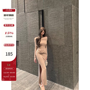 修身 一字肩连衣裙女秋季 露肩显瘦开叉针织长裙 黛丝女神 CCZEE