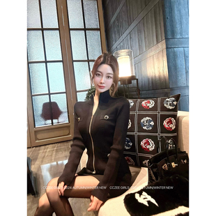 CCZEE 浮世绘 立领拉链院菱格撞色气质纽扣针织上衣显瘦女外套