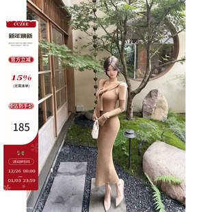 套领带针织连衣裙女复古秋冬高腰修身 袖 包臀裙 玉色美人 CCZEE
