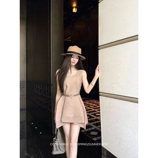 cczee miu系千金 送腰带领带 u领无袖背带收腰显瘦A字针织连衣裙