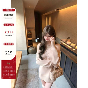 奶莉甜酒 00pm新品 半高领露肩烫钻毛衣 CCZEE