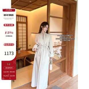 长款 翻领系带骆驼绒大衣女冬季 慵懒风外套 江原道初雪 CCZEE