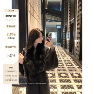 时尚 真狐狸毛领秋冬法式 复古收腰黑色针织大衣 保命小暖炉 CCZEE