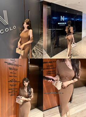 CCZEE 【杜塞画廊】斜肩高腰开叉针织连衣裙女秋多穿法披肩两件套