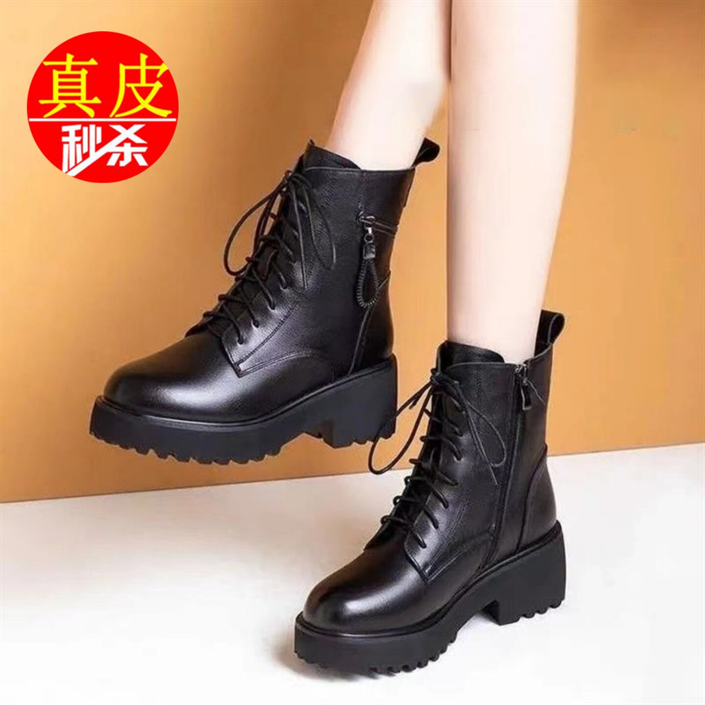 品牌特价真皮马丁靴女2025冬季新款时尚粗跟雪地靴加绒保暖小皮靴