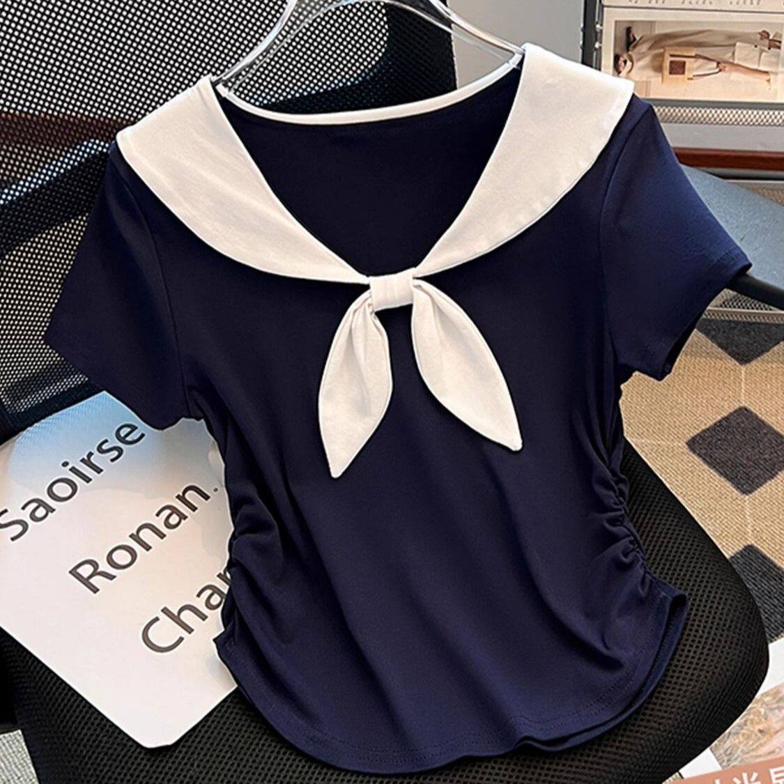 气质撞色领结正肩短袖T恤女夏季2025新款高级感修身短款小衫上衣