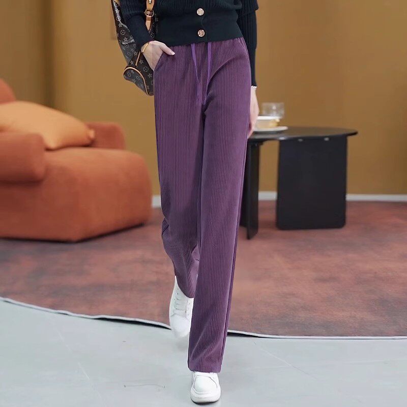 紫色加绒雪尼尔阔腿裤女秋冬季2025新款加厚裤子灯芯绒直筒休闲裤