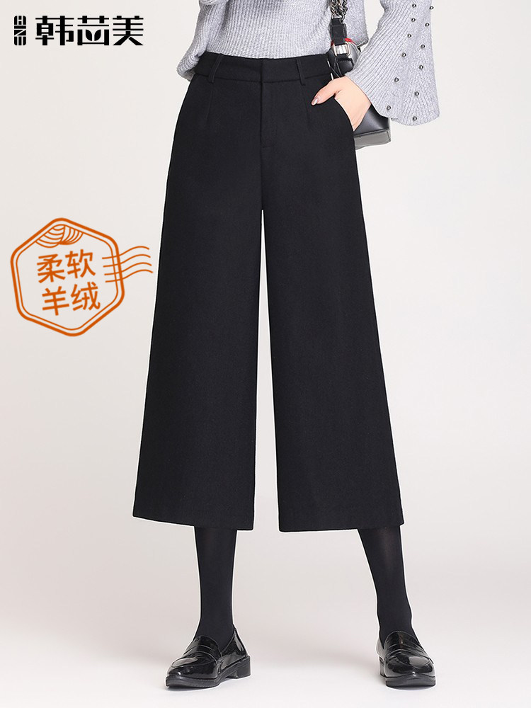 毛呢阔腿裤女秋冬2025新款小个子加厚黑色九分裤直筒裤八分女裤子