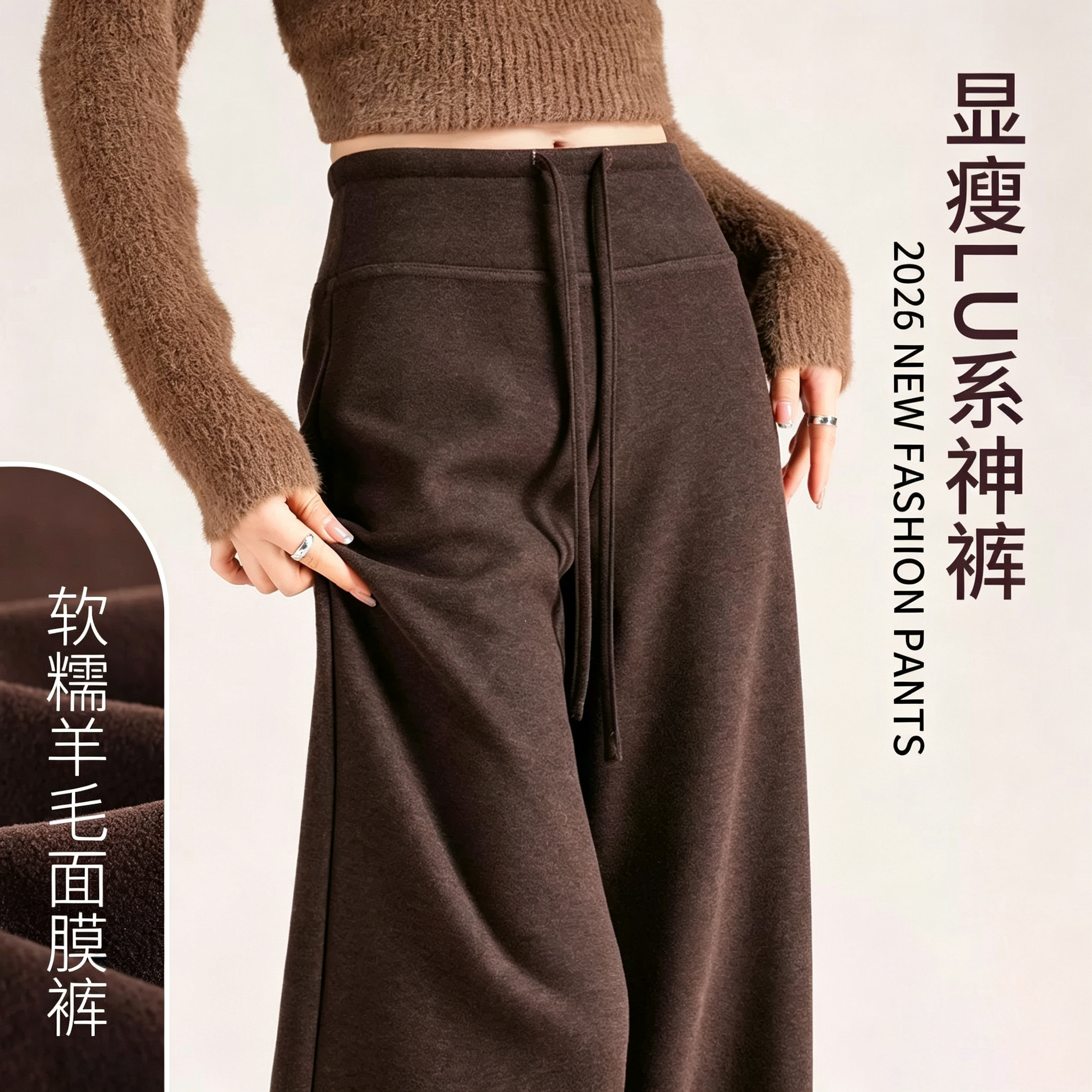 咖色软糯羊毛裤女2026秋季高腰慵懒面膜糯米裤窄版显瘦垂感阔腿裤