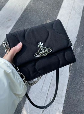 2025新款土星链条翻盖流浪包黑色简约百搭ins潮尼龙布单肩斜挎包