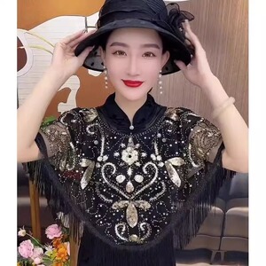 新款亮片流苏披肩套头空调小衫坎肩时尚优雅妈妈民族风薄纱披肩女