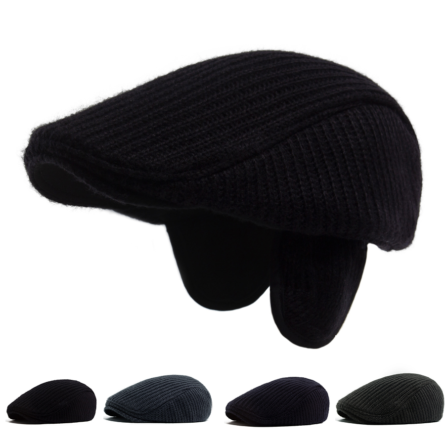 秋冬护耳针织鸭舌帽男加厚加绒贝雷帽爸爸保暖帽中老年款前进帽