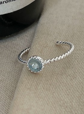 S999足银天然海蓝宝戒指女简约时尚小清新ins指环气质冷淡风手饰