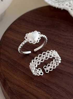 通体999足银镂空蕾丝爱心戒指女ins轻奢小众百搭气质甜美简约通勤