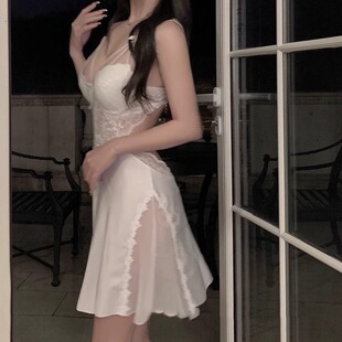 性感冰丝女带胸垫蕾丝花边小胸黑色高级感气质性感吊带睡裙纯欲风