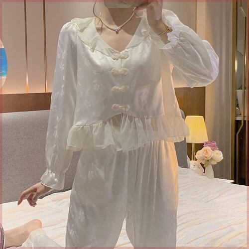 新中式春秋款中国风睡衣甜美可爱少女V领拼接蕾丝长袖套装家居服