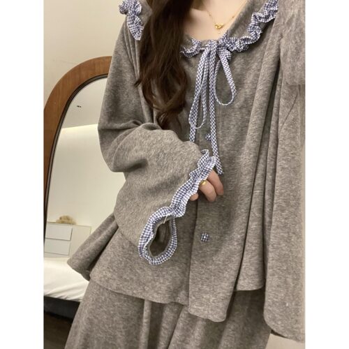 复古文艺灰调蓝格德绒睡衣女春秋长袖长裤质感减龄系带家居服套装