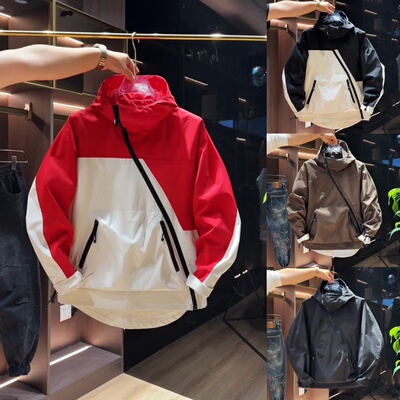 秋季新款男士连帽夹克时尚拼色大口袋外套休闲百搭外套百搭冲锋衣