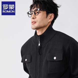 罗蒙黑色毛衣男款2025新款秋冬季加厚保暖内搭潮牌半高领针织外套