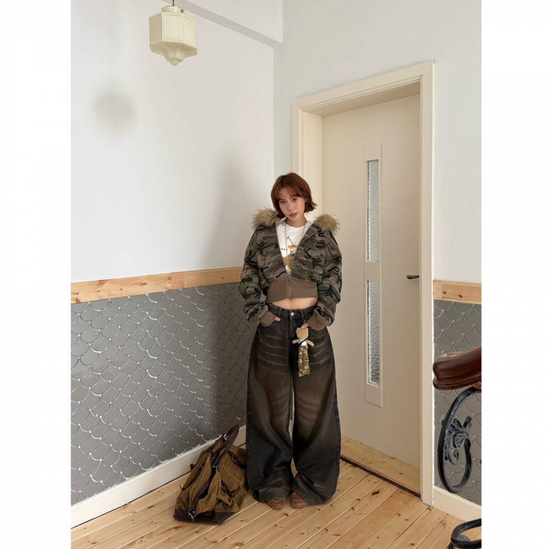 INSS复古水洗加绒牛仔裤女2025十