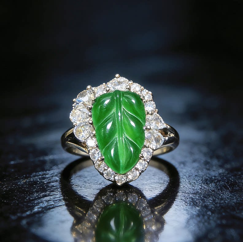新款天然A货满绿翡翠叶子戒指大叶有成气质百搭设计款KBR60321001