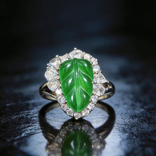 新款天然A货满绿翡翠叶子戒指大叶有成气质百搭设计款KBR60321001