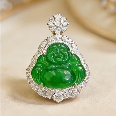 【颖有尽有】新款天然A货冰种满绿翡翠佛公吊坠KBR60211001