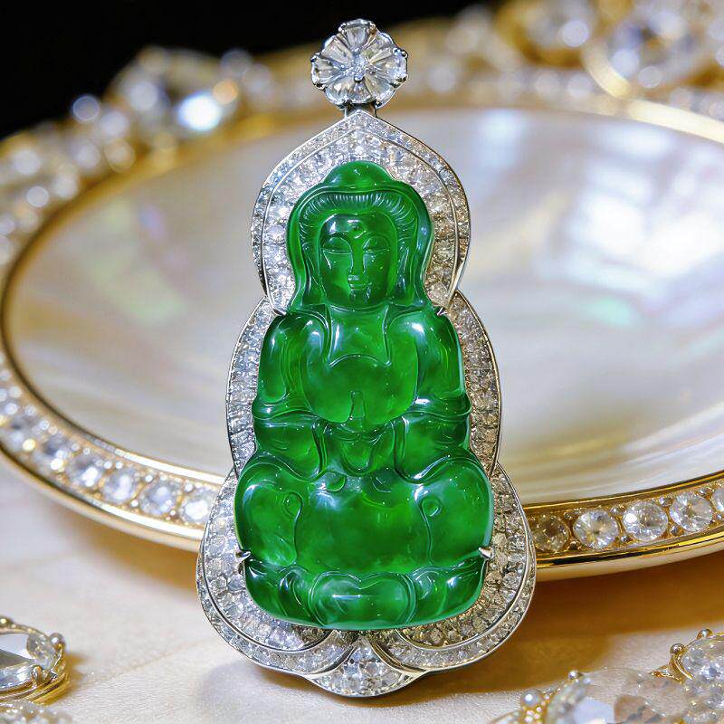 新款高定天然A货冰种满绿翡翠观音吊坠百搭时尚款KBR51222001